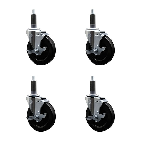 Service Caster 5'' Soft Rubber Swivel 1'' Expanding Stem Caster Set with Brake, 4PK SCC-EX20S514-SRS-TLB-1-4